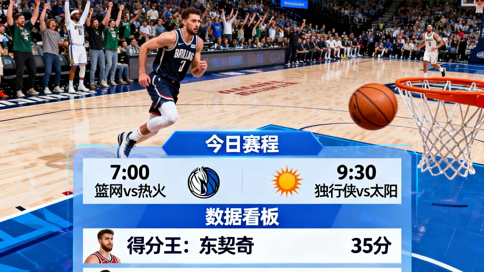 球探篮球比分界面展示NBA实时比分、赛程和数据看板，背景为球场动态